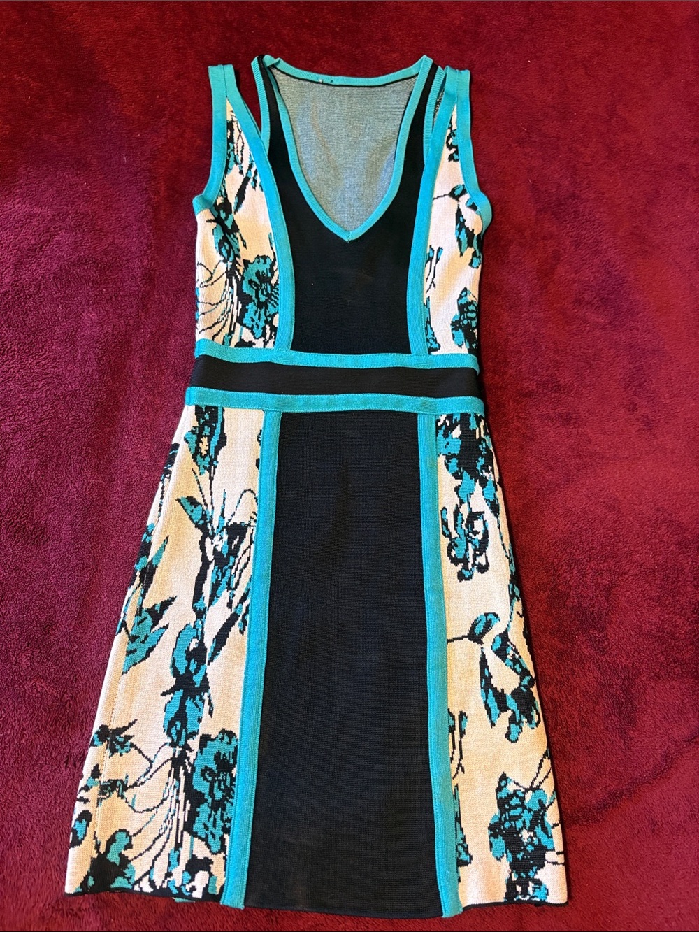 Teal and Black Floral Panel Knit Dress